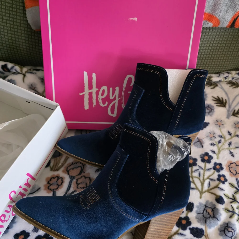 Corkys Smoke Show Teal Blue Velvet Western Block Heel Ankle Boots - Picture 2 of 5